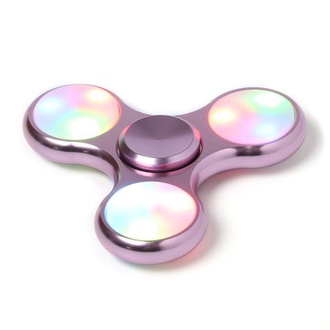 A metallic lavender-purple three-spoke fidget spinner with glowing iridescent LED lights on each of its circular sections, shown on a clean white background.